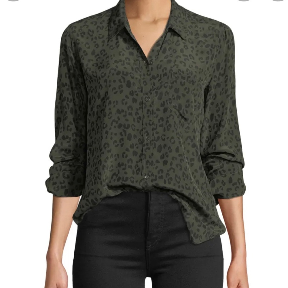 Silk Olive Green Leopard-Print Button-Up Shirt